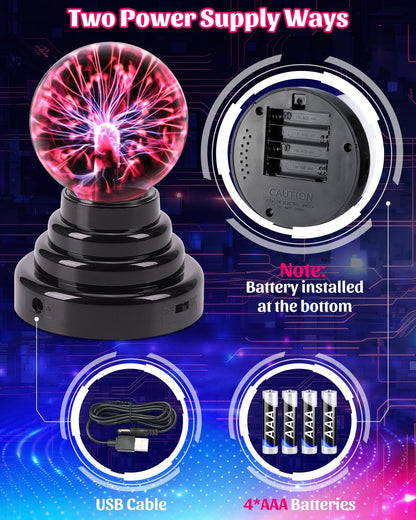 Theefun Plasma Ball, 3 Inch Plasma Lamp, Touch Sensitive Plasma Globe USB or Battery Powered Nebula Thunder Lightning, Novelty Toy for Kids, Parties, Prop, Bedroom, Home, Decoration