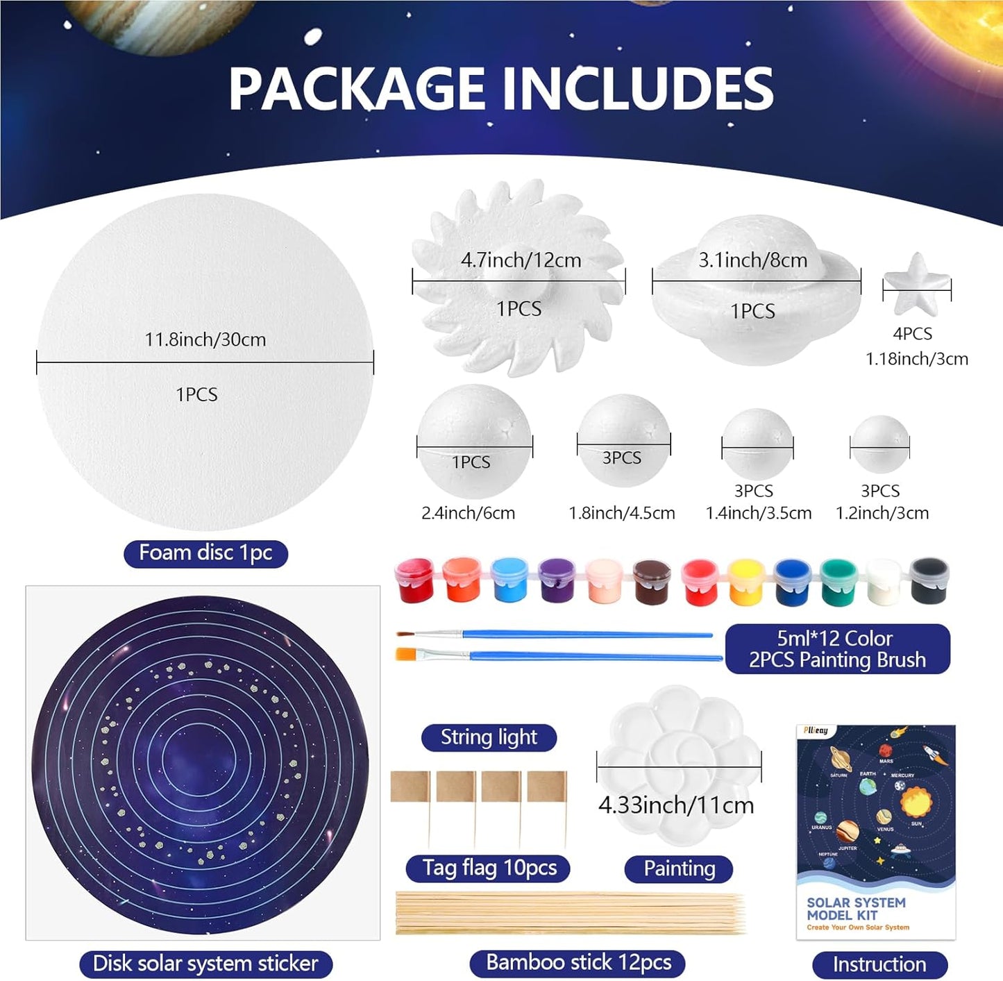 Pllieay 3D Solar System Model, Solar System Project Kit Includes Display Box, Mixed Sized Foam Balls, Color Pigments, Palette, Painting Brushes, Bamboo Sticks for Kids School Science Projects