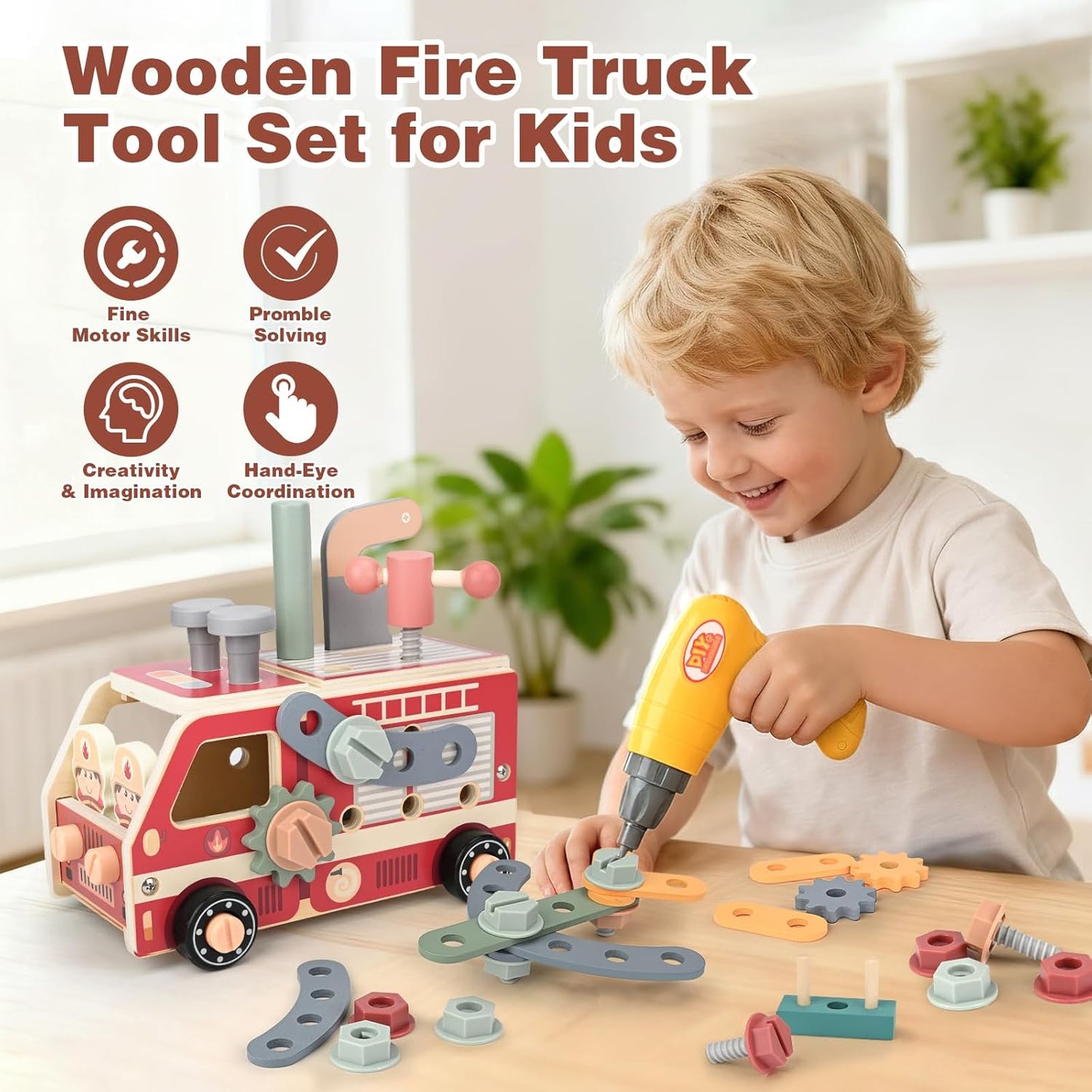 Vanplay Kids Tool Set for Boys - Montessori Toys for 3 4 5 Year Old Boy Christmas Birthday Gifts - 47 Pcs Wooden Toddler Tool Kits with Drill, Learning Educational Construction Toy for Kids Age 3-5