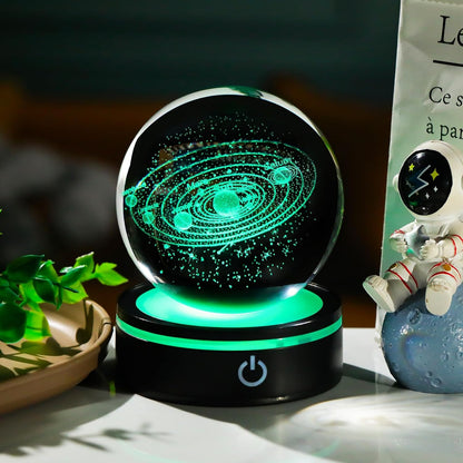 YWHL 3D Solar System Crystal Ball 80mm with Light Base, Laser Engraved Glass Planet Solar System Model Sphere Night Light Decor Space Universe Astronomy Gifts for Women Men Teens Boys and Girls