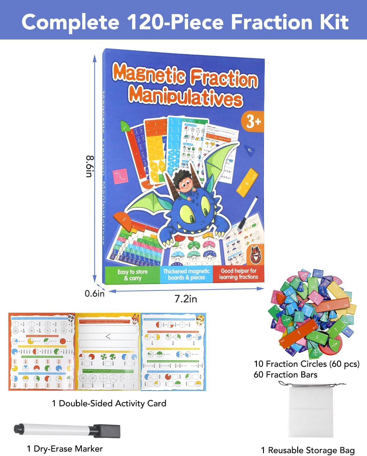 Magnetic Fraction Demonstration Book, Magnetic Fraction Tiles & Circles Educational Puzzle Set, Montessori Fraction Playbook for Kids, Math Manipulatives for Elementary School