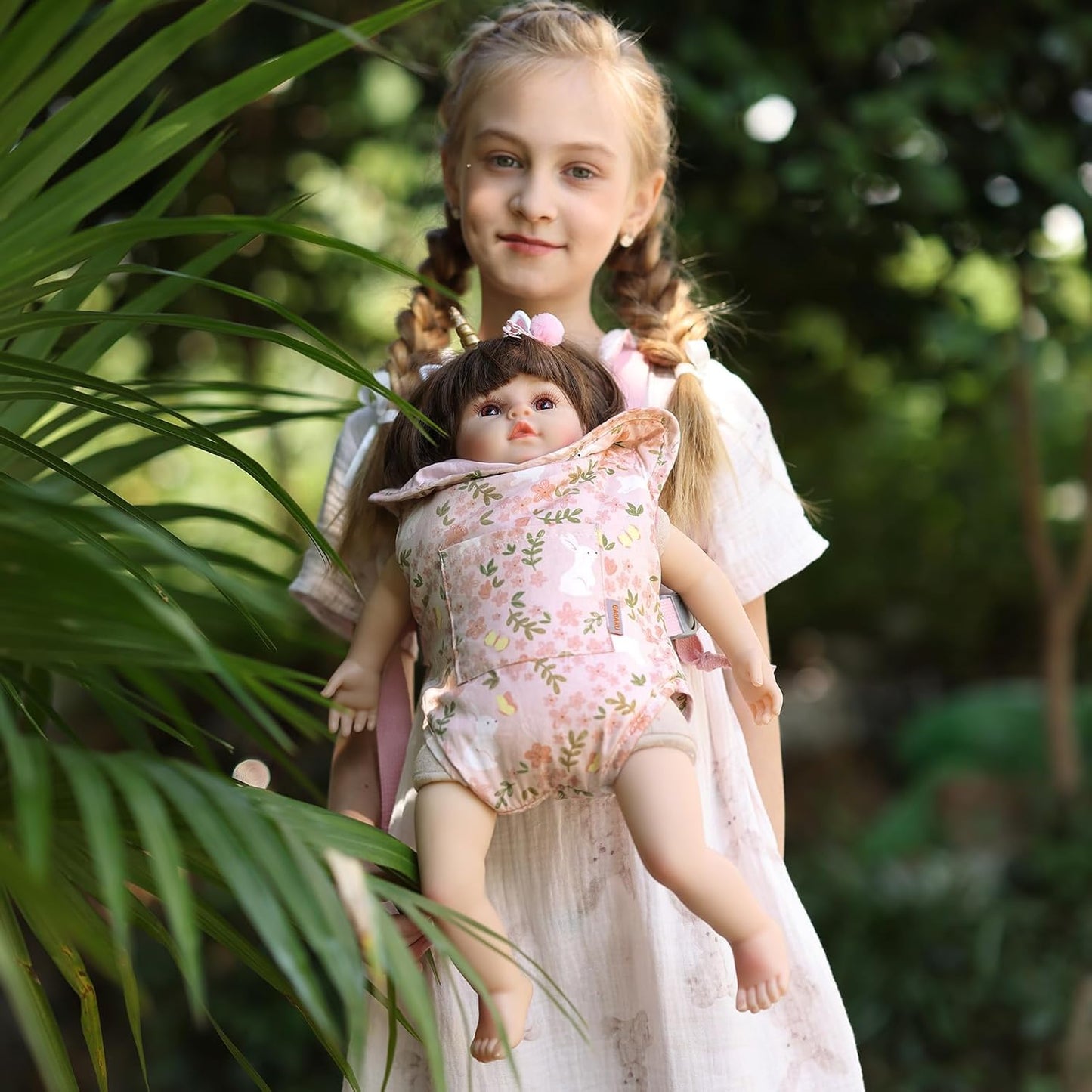 GAGAKU Baby Doll Carrier for Little Girls, Reborn Doll Accessories for Toddlers 3+ Years Old, Kids Toy Baby Dolls Sling Carrier - Pink - Moonflower
