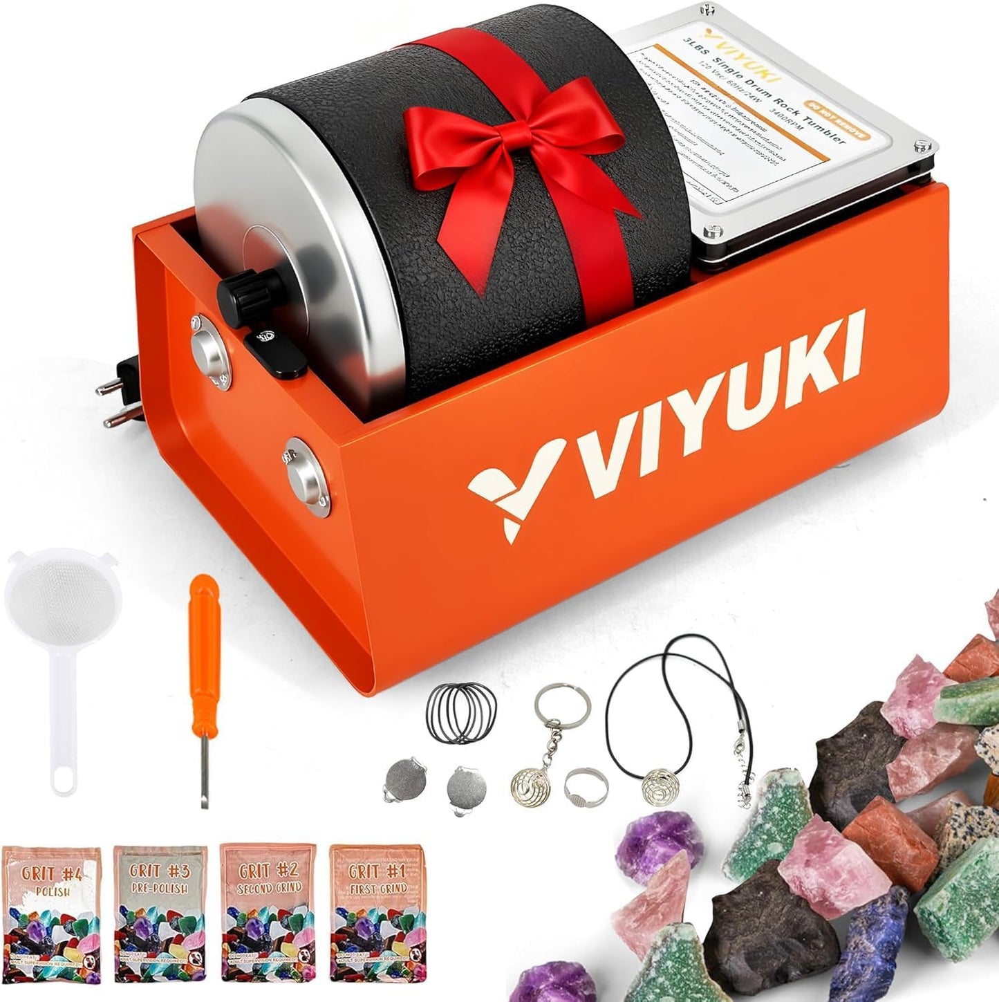 Professional Rock Tumbler Kit - Double Drum 6LB Rock Polisher(Double Barrel), Includes Rough Gemstones, 8 Polishing Grits, Jewelry, Learning Guide, Ideal Gift for Adults & Collectors