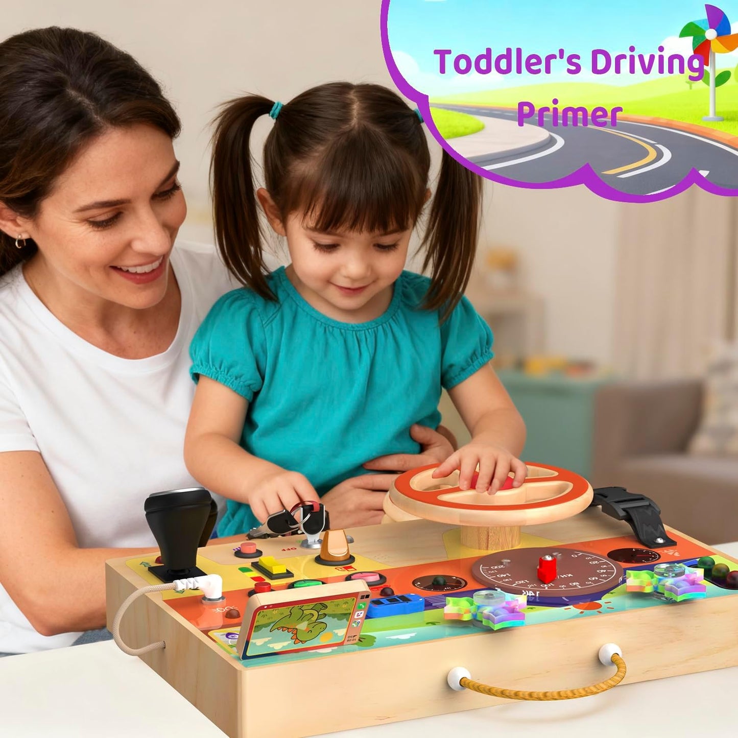 UdoUto Montessori Wooden Busy Board for Toddlers with LED Light Lights & Switches,Portable Activity Board for Car & Airplane Travel Toys, Christmas & Birthday Gift for 1-3 Year Old Boys & Girls