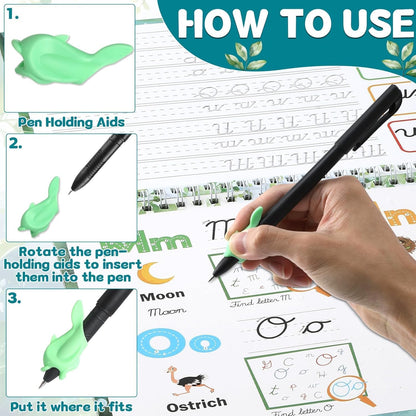 gisgfim Grooved Cursive Handwriting Workbook Magic Reusable Grooved Cursive Handwriting Practice Guided Tracing with Disappearing Ink Pens for Beginners Kids Learning Activities Supplies (Sentence)