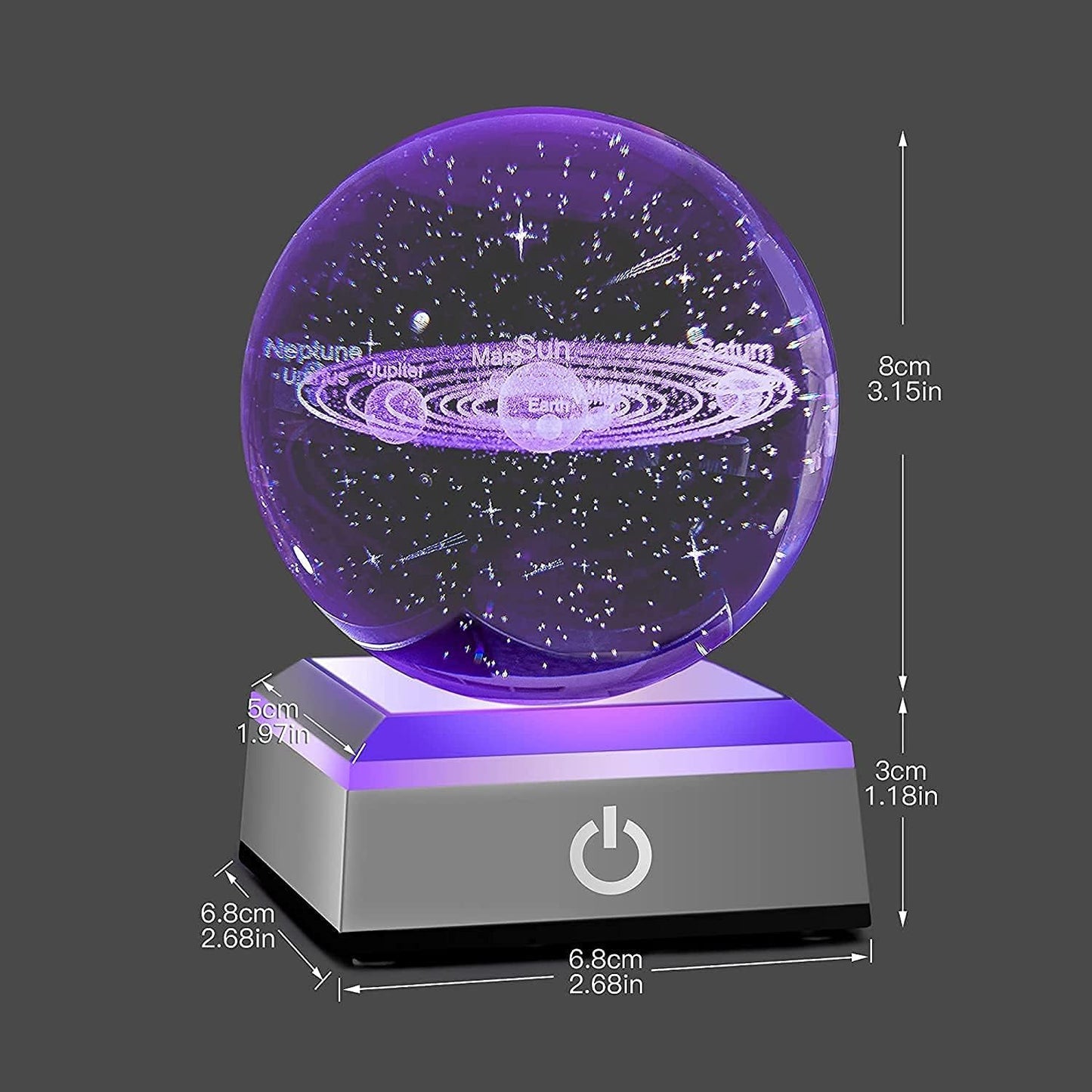 3D Solar System Crystal Ball with LED Touch Base,Solar System Night Light Lamp Gift,Indoor Figurine Lamps Light for Birthday,Christmas,Wedding,Graduation(8cm)