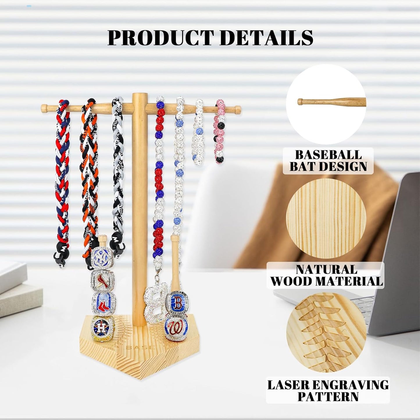 rain bunny Wooden Baseball or Softball Drip Necklace Organizer Holder, Championship Ring Display Holder, Softball Ring Holder, Drip Necklace Baseball Display Gift (Walnut Red)