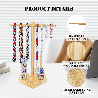 rain bunny Wooden Baseball or Softball Drip Necklace Organizer Holder, Championship Ring Display Holder, Softball Ring Holder, Drip Necklace Baseball Display Gift (Walnut Red)