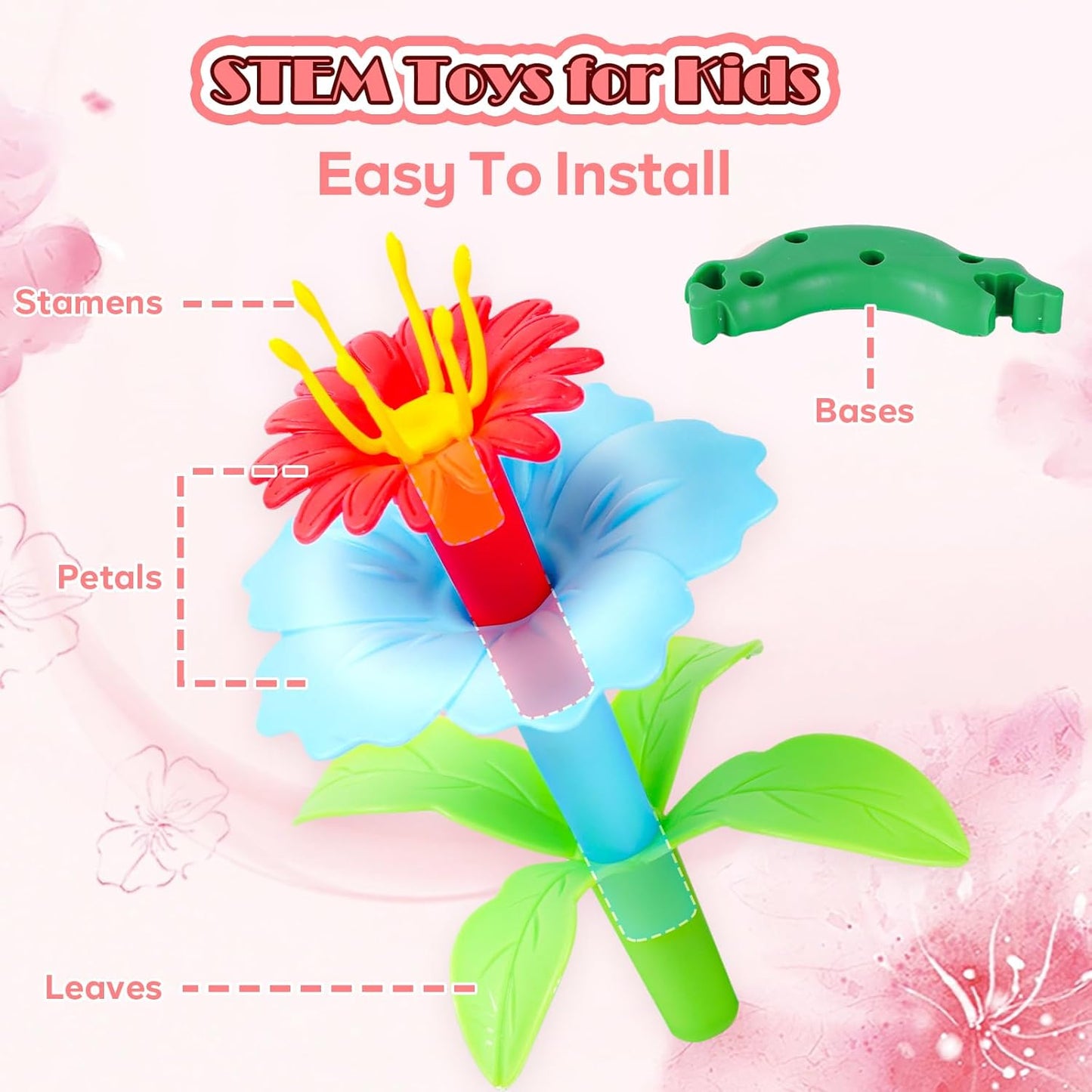 FUNZBO Girl Flower Garden Building Toys Set - Birthday Gifts for Age 2 3 4 5 6 Years Old Girls, STEM Montessori Educational Toy for Toddler Kids, Sorting & Stacking Spring Gardening Set