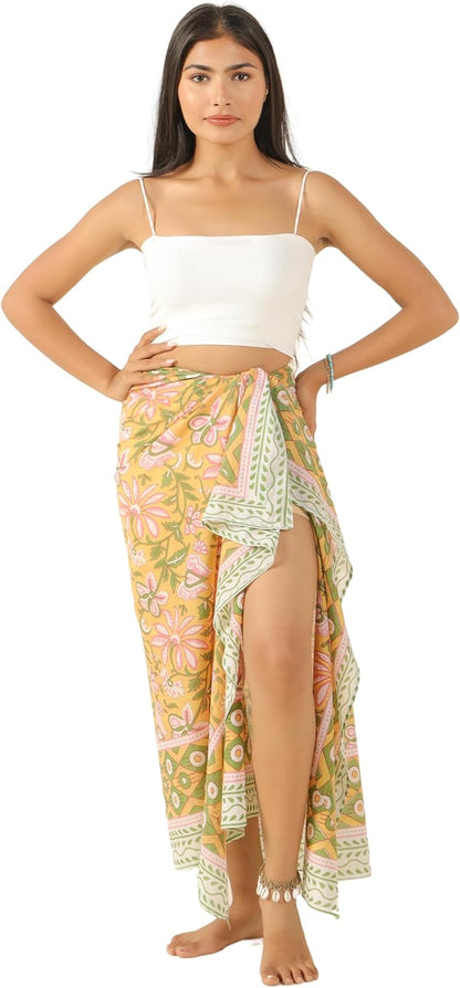 100% Cotton Sarong Cover Up for Women Indian Block Print Beach Wrap Skirt Long Boho Swimsuit Bikini Pareo (73” x 43”)