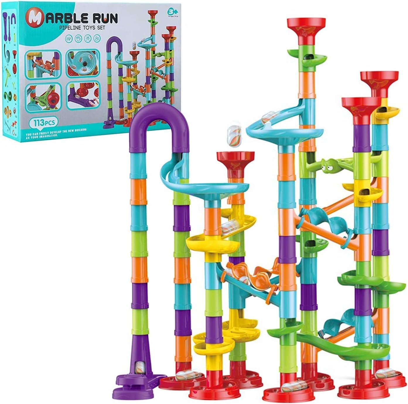 Toys for Boys 4-6 - Marble Runs 3D Maze Game DIY Educational Toys for Kids 5-7 Birthday Gift,Track Pipe Building Blocks Mini Glass Marbles for Kids,Toys for 3+ Year Old Boys Christmas (142PIECES)