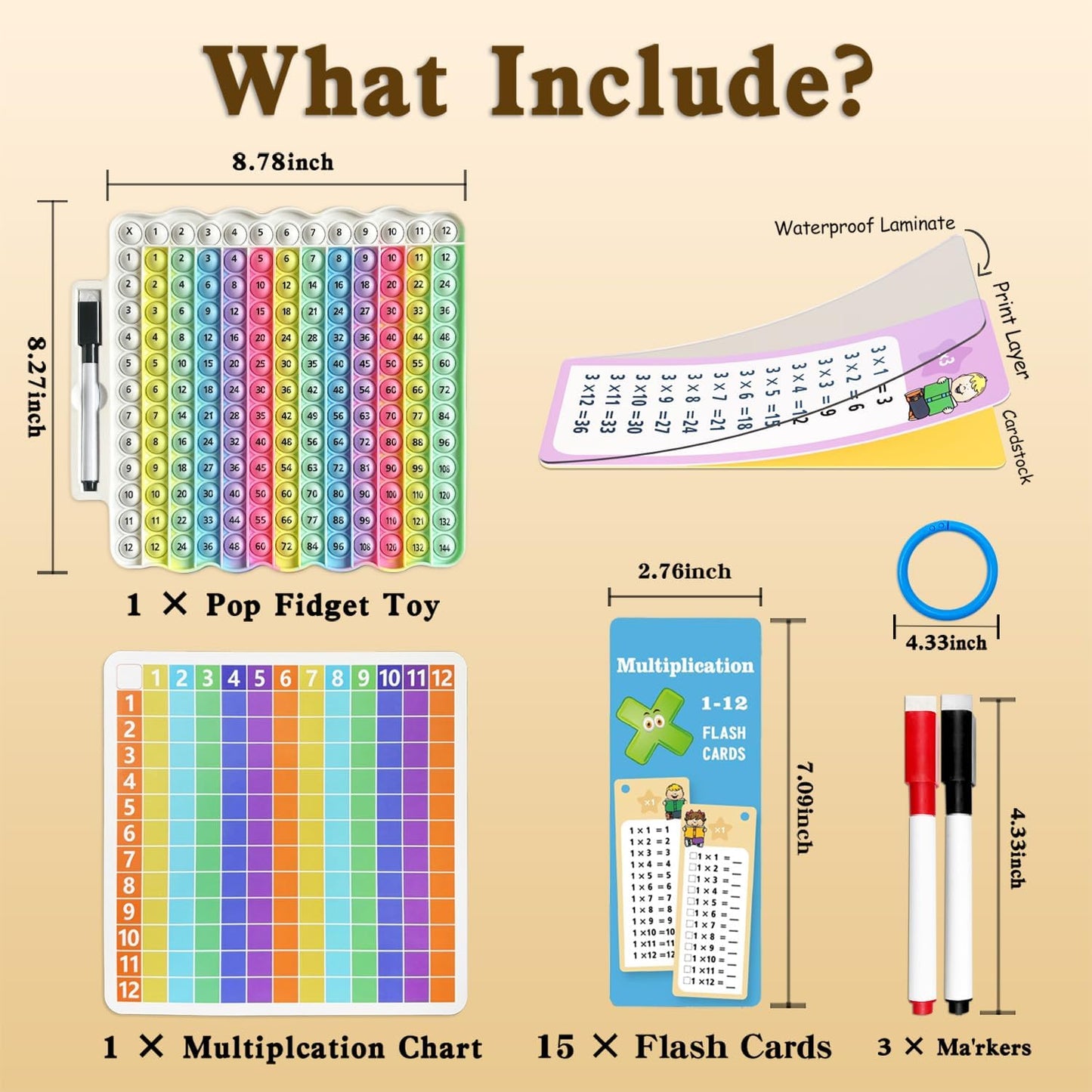 Multiplication Flash Cards + Pop Fidget Multiplication Chart, Times Table Educational Flashcard 3rd Grade, 4th, 5th, 6th Grade