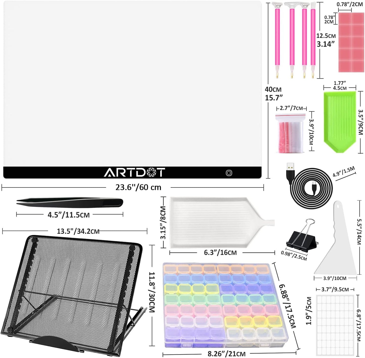 ARTDOT A4 LED Light Pad for Diamond Painting Kits for Adults, USB Powered Adjustable Brightness Diamond Art Light Board with Accessories