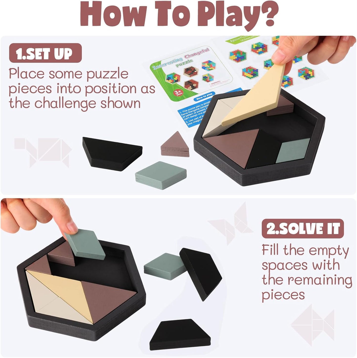 Yunsailing 3 Pack Large Hexagon Tangram Puzzle Wooden Brain Puzzles for Adult Challenge Wood Russian Blocks Brain Teasers Geometric Jigsaw Block Logic Iq Stem Family Graduation Gifts(Vintage)