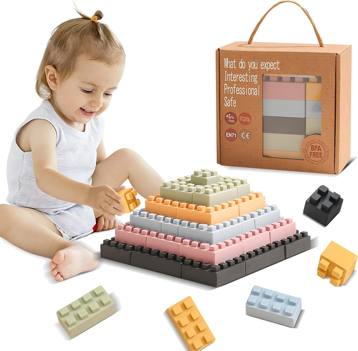 Soft Building Blocks for Toddlers, Large Building Blocks Stacking Blocks for Babies 6 Months and Up Stem Toddler Gifts, Teething Toys, 40 PCS