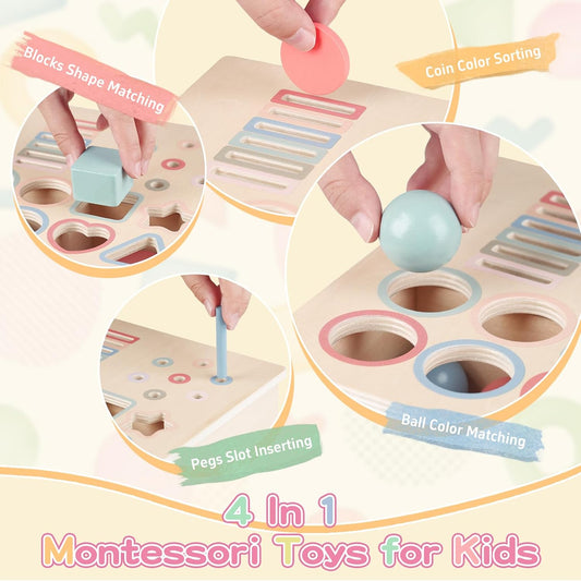 Pajojoqa Montessori Toys for 2 3 4 5 Color Sorting - Wooden Object Permanence Box with Drawer Sensory Toys Shape Sorter Education for Baby Toddler Boy Girl Drop Busy Box 4 in 1