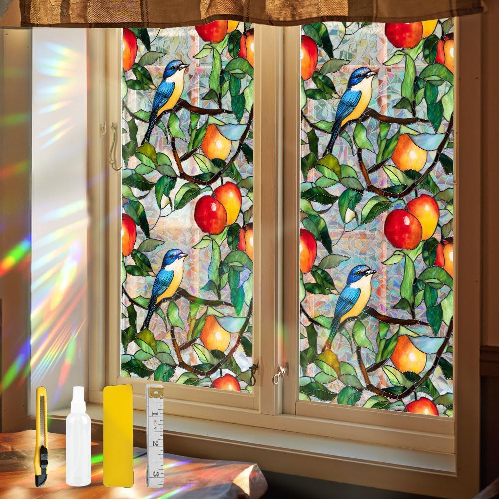 Flower Stained Glass Window Film Decorative Static Cling Stickers Sun Blocking Privacy Decals for Home Car White Lily