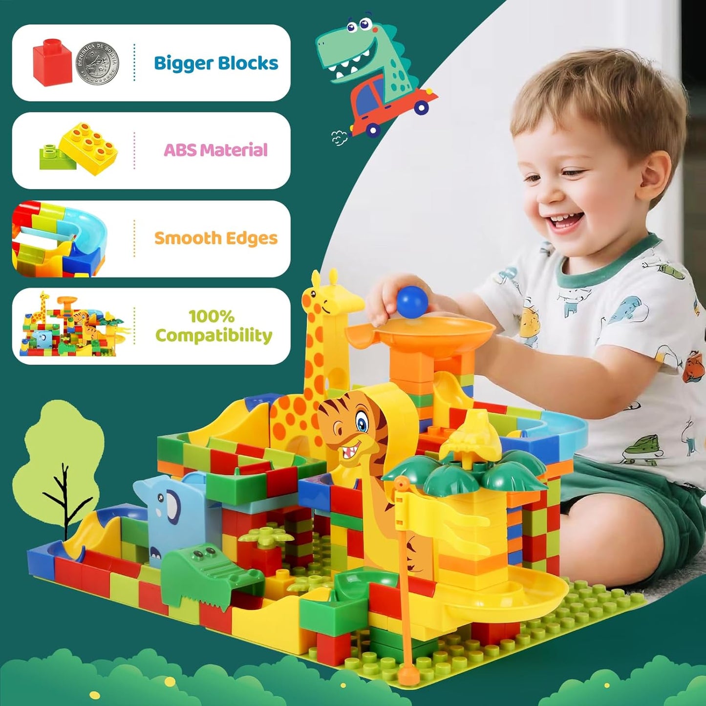 MOONTOY Dinosaur Marble Run 200PC Building Blocks - STEM Educational Toys for Kids Ages 3 4 5 6 7 8, Big Blocks Learning Set for Toddlers Boys & Girls, Gift for Christmas & Birthdays