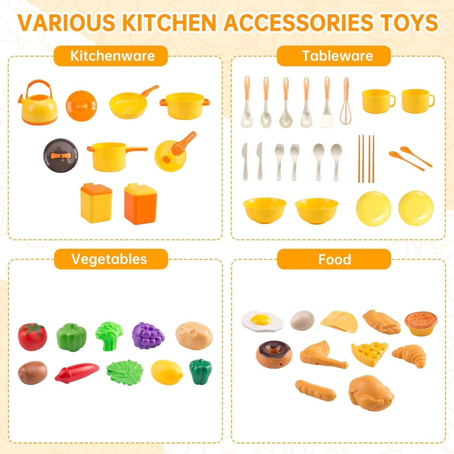 60Pcs Kids Mini Play Kitchen Accessories, Pretend Cooking Play Set with Cookware, Tableware & Fruit & BBQ Sets, Learning Gift for Boys, Girls, Toddlers,Yellow