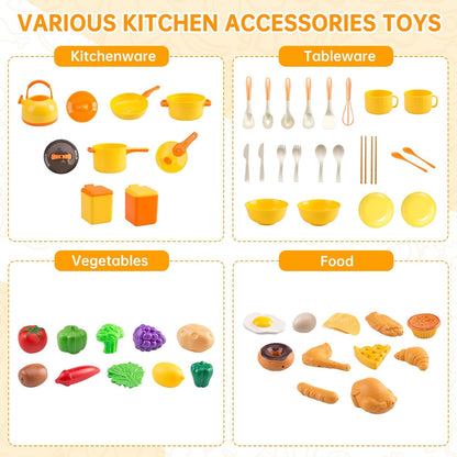 60Pcs Kids Mini Play Kitchen Accessories, Pretend Cooking Play Set with Cookware, Tableware & Fruit & BBQ Sets, Learning Gift for Boys, Girls, Toddlers,Yellow