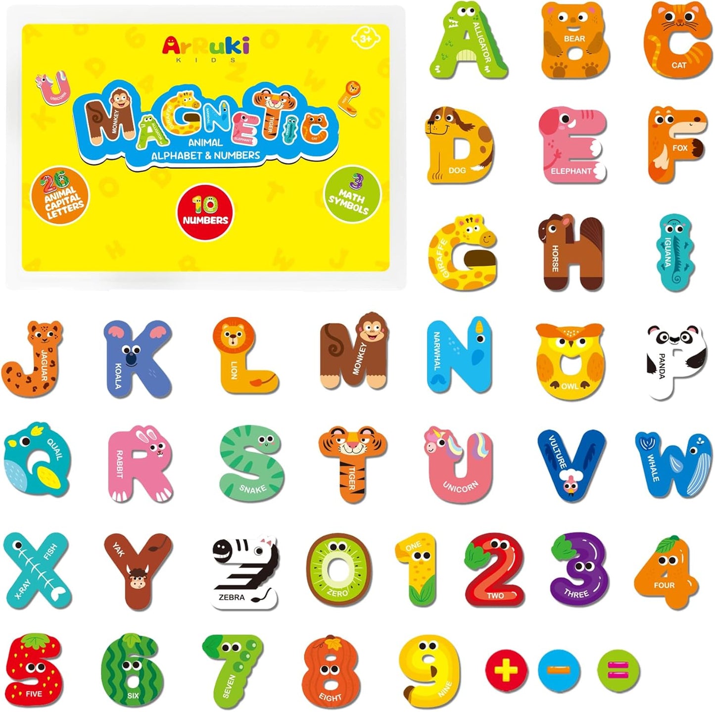 39 PCS Large Magnetic Letters and Numbers, Fridge Magnets for Toddlers 1-3, Cute Animials Alphabet Magnets Kit for Educational Learning