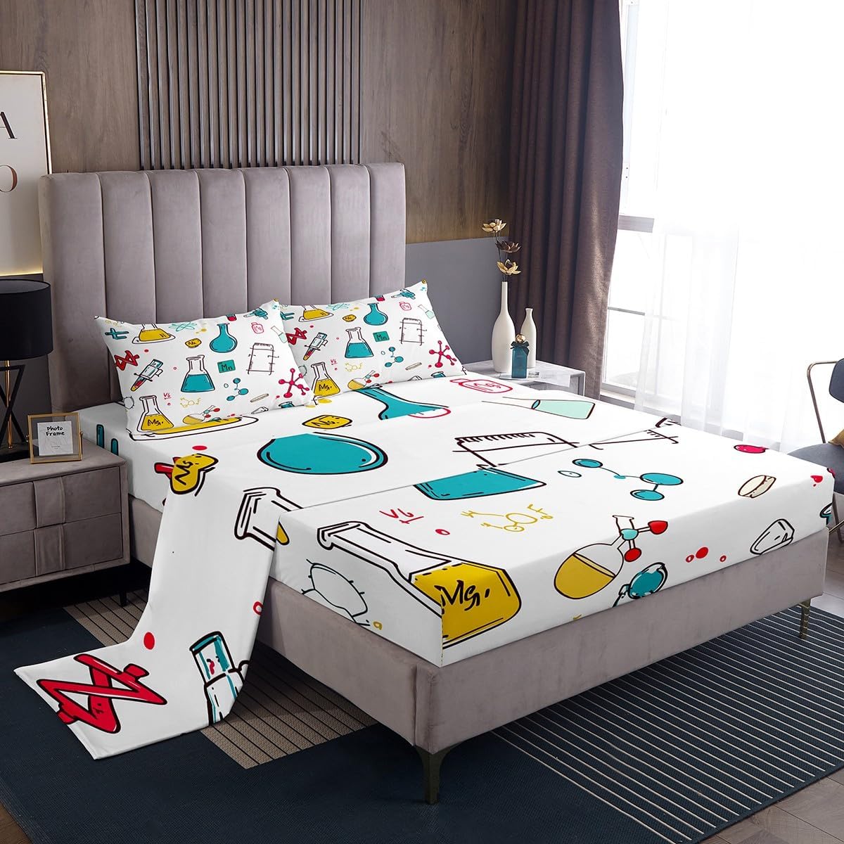 Erosebridal Science Theme Bed Sheets Set Full Size for Boys Girls Chemistry Periodic Table Print Sheet Set Chemical Subject Theme Sheets Teens Kids Math Science Atyle Fitted Sheet 4 Pcs