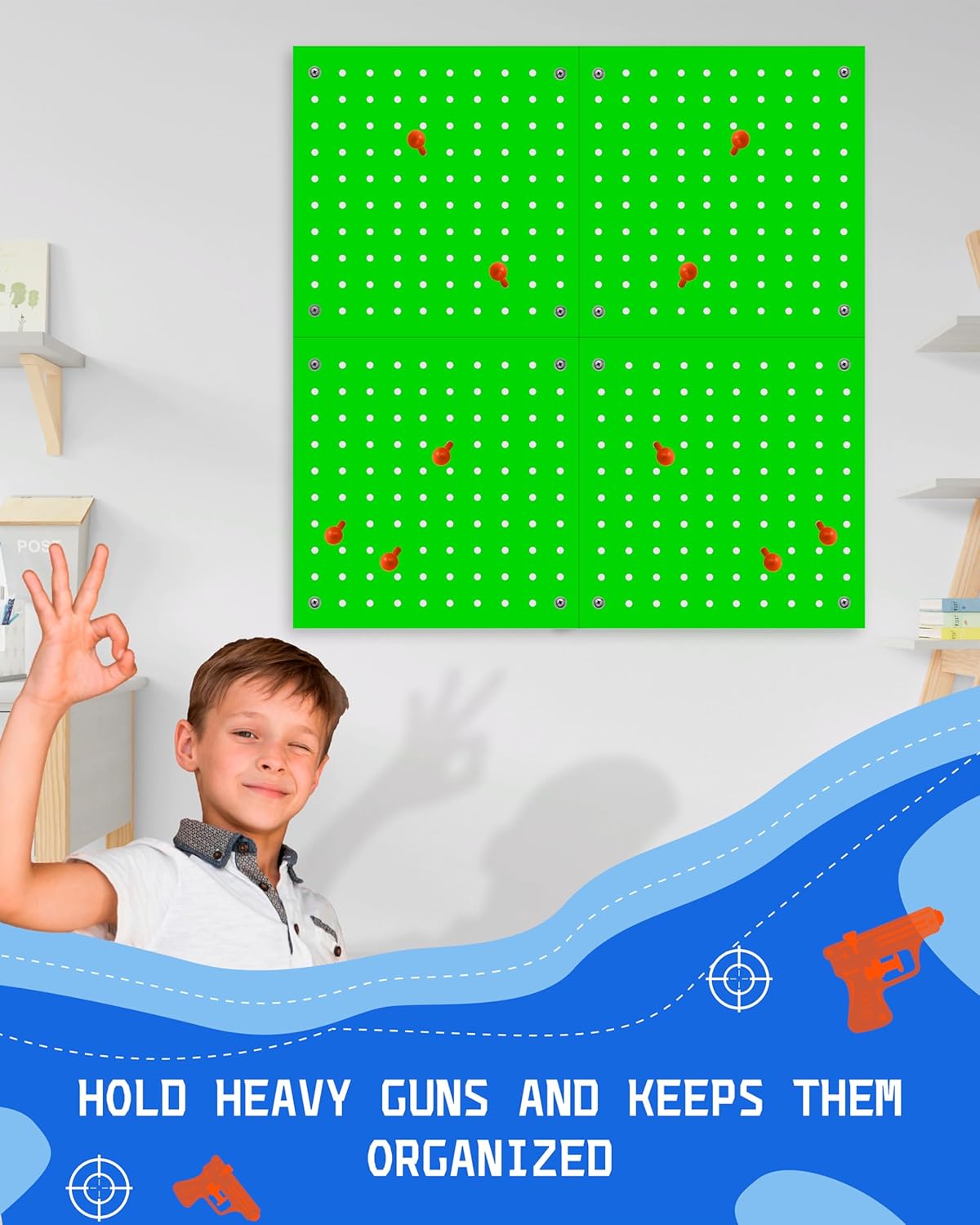 Skywin Wooden Pegboard for Nerf Gun Storage, Nerf Gun Wall Mount Eagle Shape, Compatible with All Blasters, Rack for Wall Organization - Birthday Gift for Kids (Orange)