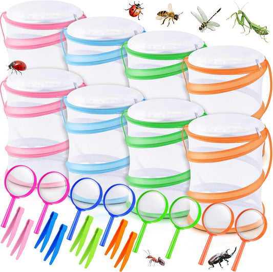 8 Sets Mini Butterfly Cage for Kids with Magnifier and Tweezer Butterfly Catching Kit Outdoor Explorer Kit Butterfly Habitat Net Insect Mesh Cages Butterfly Enclosure Bug Pop Terrarium up