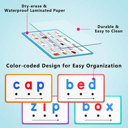 CVC Words Writing & Spelling Cards, Phonics Flash Card, Beginning Phonics Word Builders, Sorting Spelling Word Learning Aids, Speech Therapy, 60 Learning Educaitonal Cards, for Preschool Kindergarten