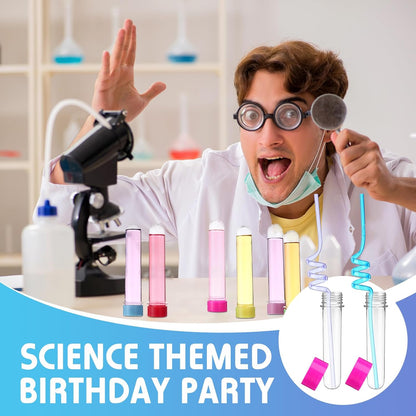 Jingmore 36 Pcs Science Party Theme Cups Set with Silly Loop Straws Science Stickers Plastic Reusable Small Conical Flask Bottles Test Tubes for Birthday Party Decorations(Spherical Bottles)
