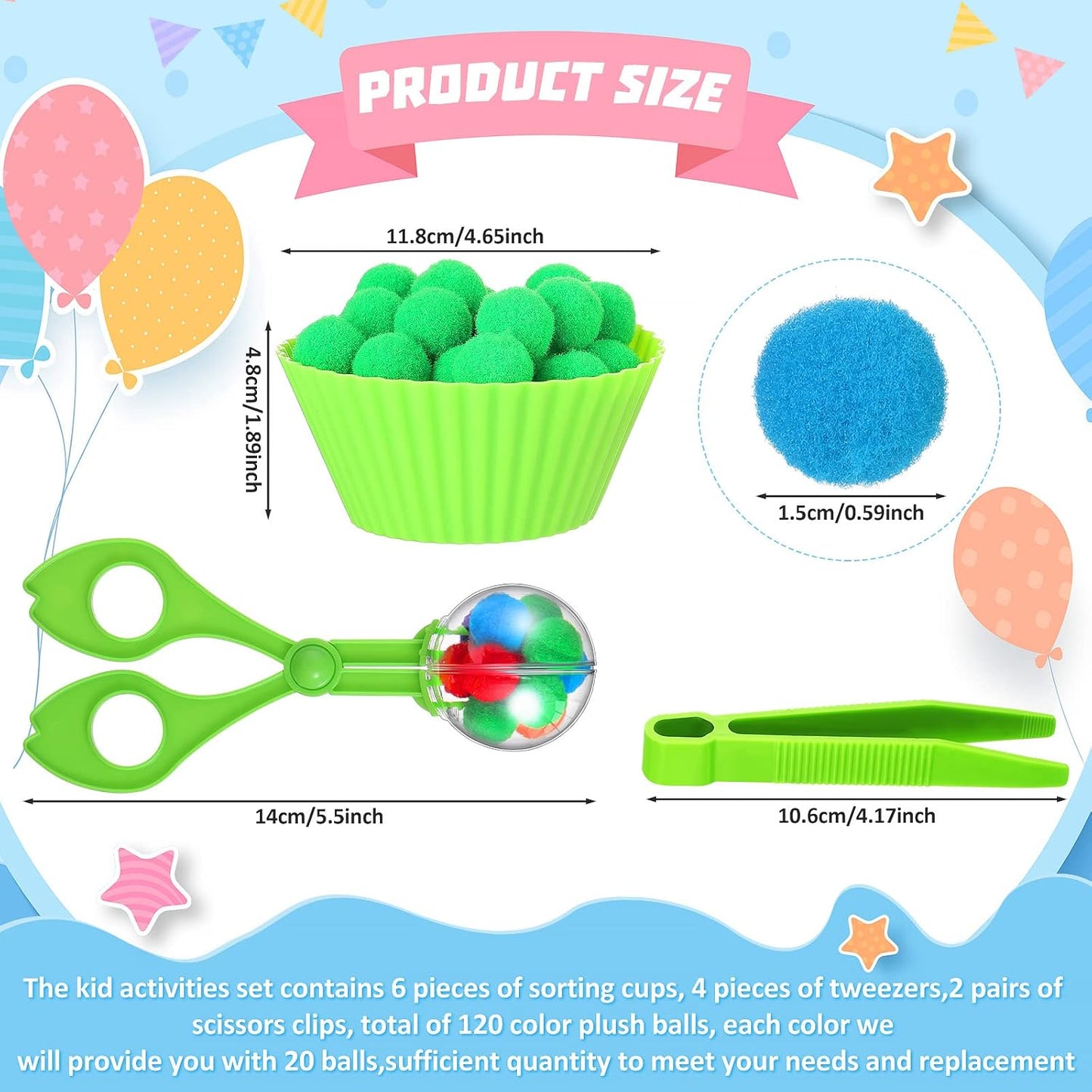 142 Pieces Fine Motor Skills Handy Scooper Set Sensory Bin Filler Includes 12 Sorting Bowls, 8 Tweezers, 2 Scissors Clips, 120 Plush Balls for Early Education and Sorting Counting Training Development