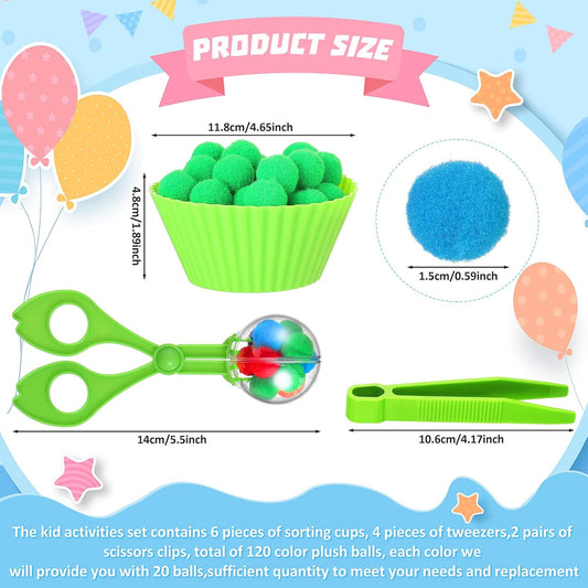 142 Pieces Fine Motor Skills Handy Scooper Set Sensory Bin Filler Includes 12 Sorting Bowls, 8 Tweezers, 2 Scissors Clips, 120 Plush Balls for Early Education and Sorting Counting Training Development