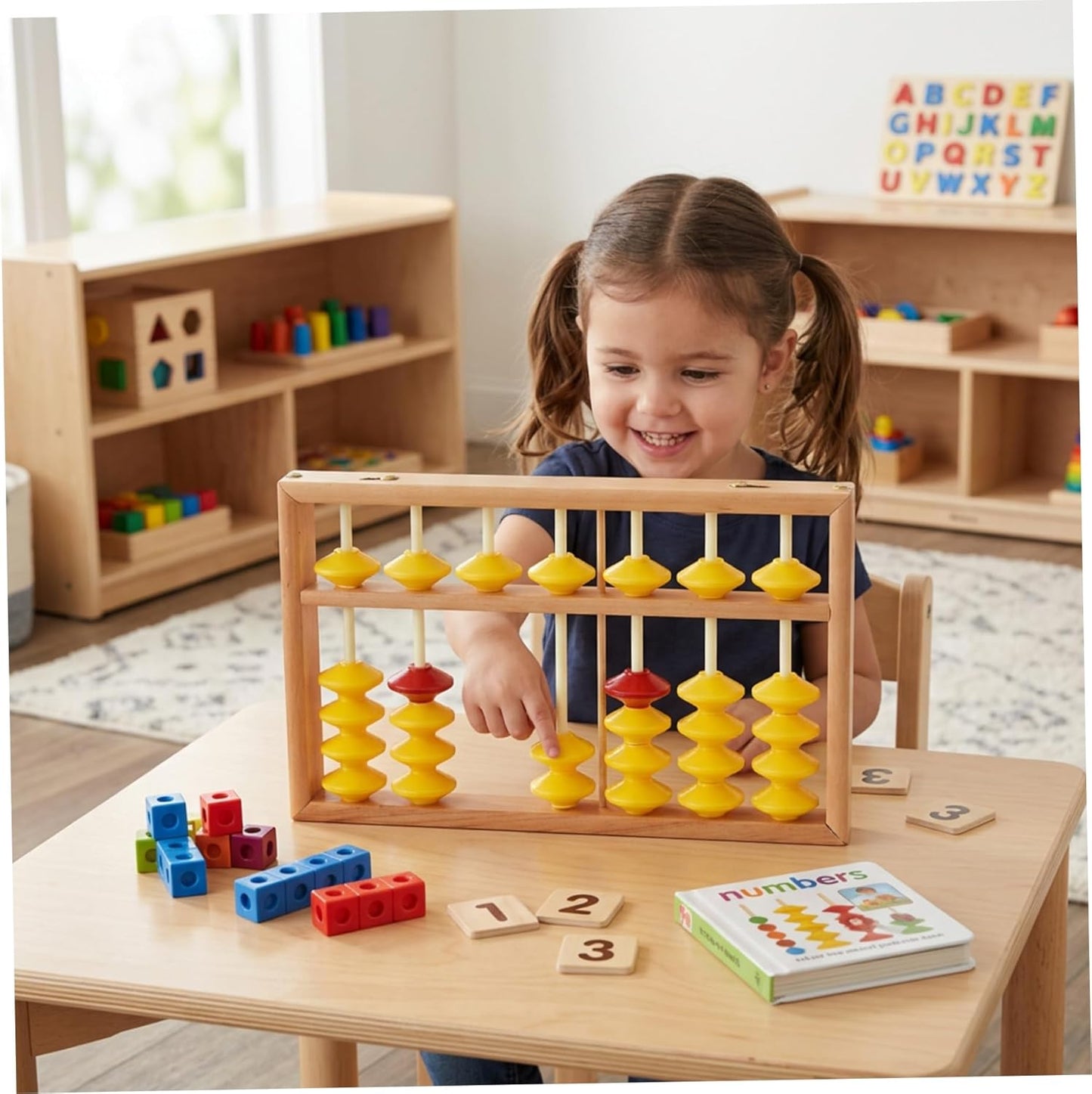 Wooden Abacus for Kids Math, 7 Rods Classroom Abaco with Non-Slip Beads & Hanging Rope, Teacher's Large Abacus for Elementary School