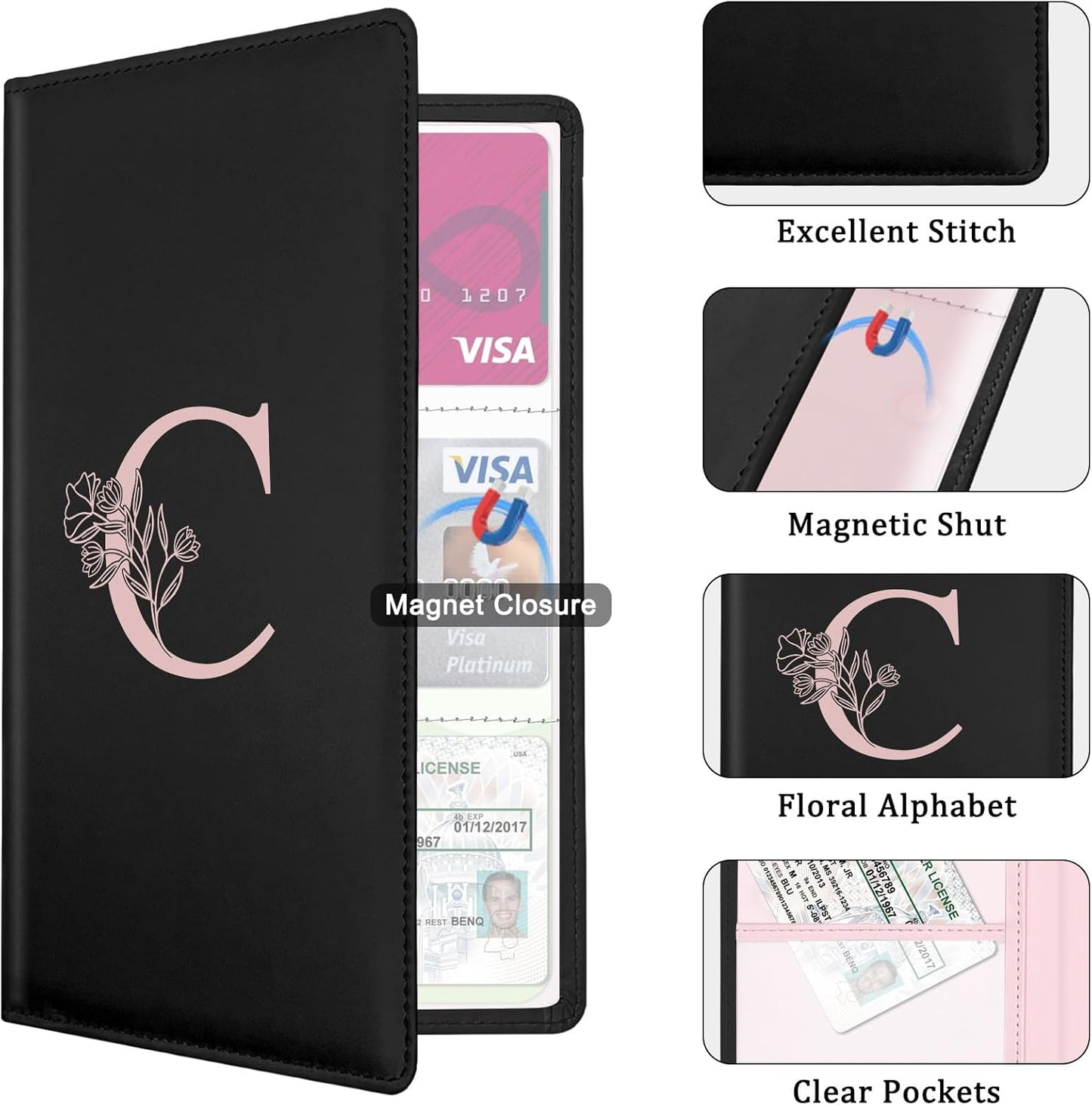 Letter Car Registration and Insurance Holder, with Magnetic Closure for License, Cards and Documents,Vehicle Glove Box Car Organizer, Interior Car Accessories for Women Men (I)