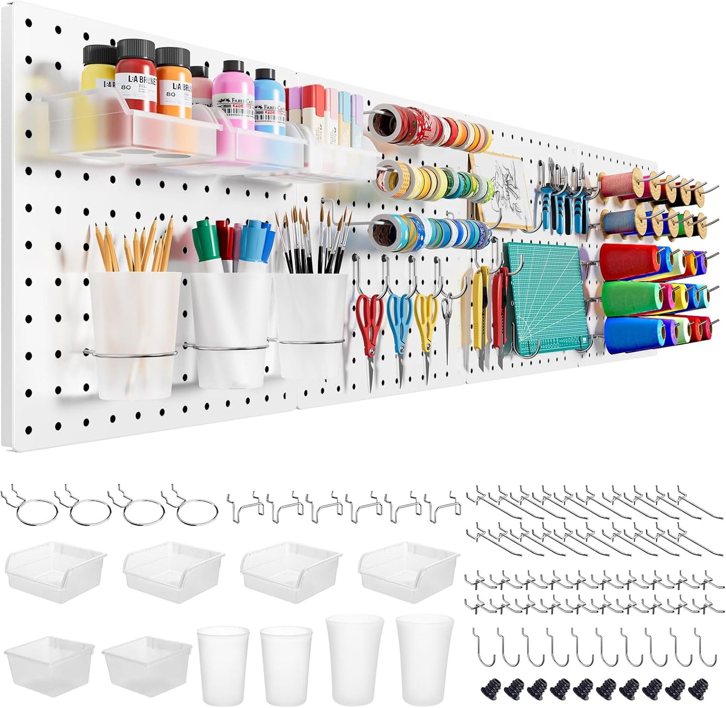 Peg Board, 4PCS Metal Pegboard Wall Organizer. Heavy Duty Pegboard, Peg Boards, Pegboard for Walls, White Pegboard for Garage Craft Room Workbench Office Kitchen Tool Organization, 12"*12"