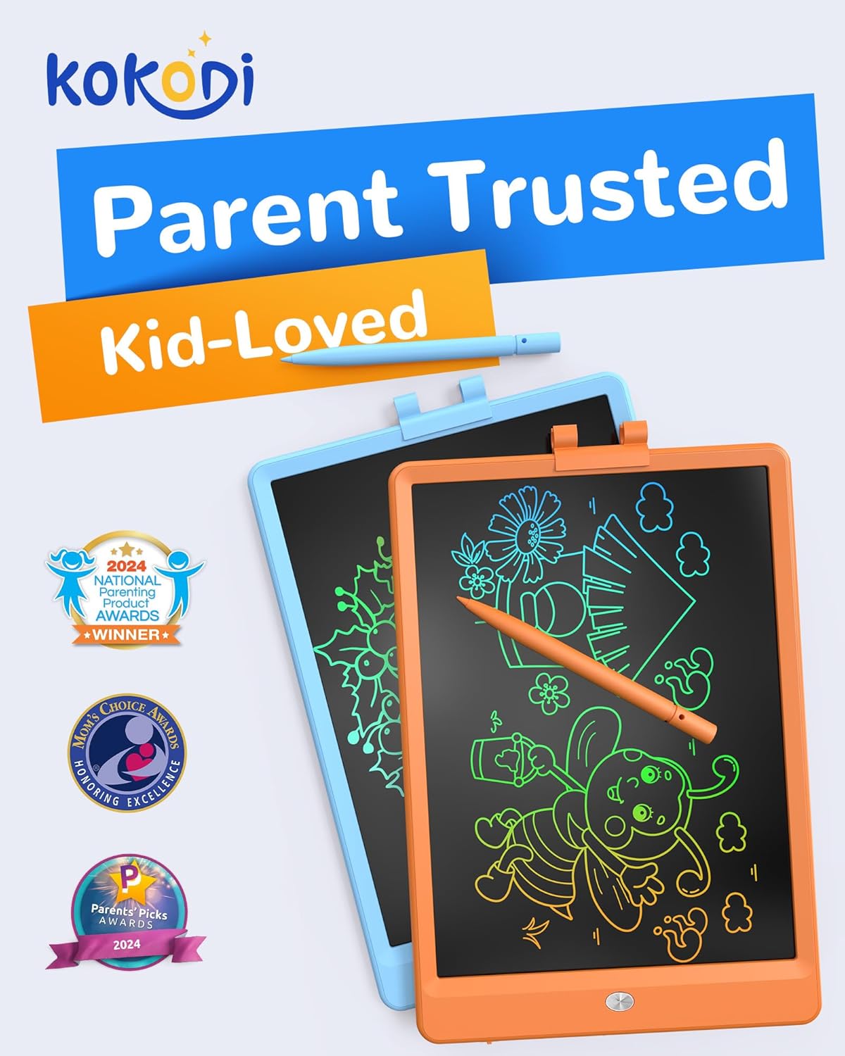 KOKODI LCD Writing Tablet, 12 Inch Colorful Toddler Doodle Board Drawing Tablet, Erasable Reusable Electronic Drawing Pads, Educational and Learning Toy for 3-6 Years Old Boy and Girls(Blue)