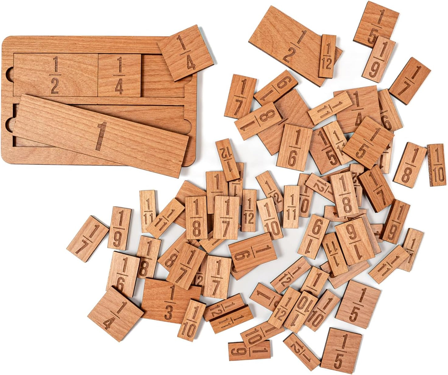 Fraction Bar Tiles and Holder - Laser Engraved Wood with 67 Tiles Plus 6 inch Holder