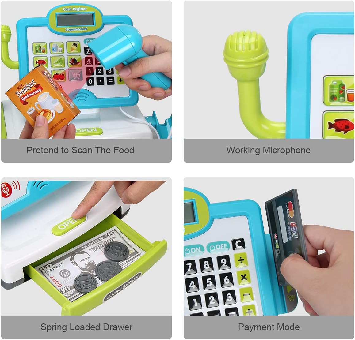 FS Pretend Play Cash Register Toy with True Barcode Scanner & Calculator, Microphone, Play Food, Supermarket Cashier, Great Pre-School Gift Cash Register for Kids Boys & Girls, Ages 3 4 5 6 8