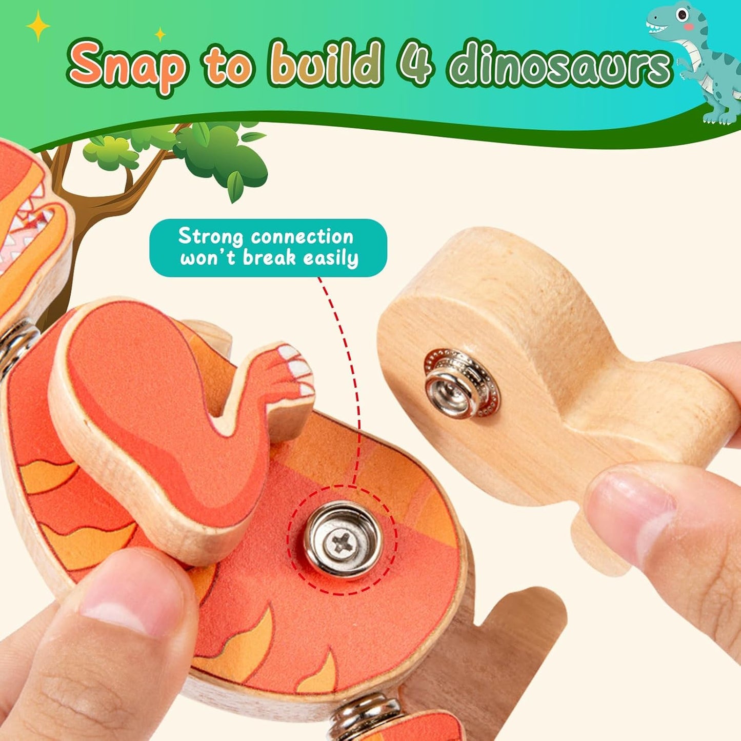 Wooden Dinosaur Blocks, Snap Together Building Toys, Dinosaur Take Apart Toy Playset for Kids, Fine Motor Skill STEM Learning Toys for Toddlers Gift for 3 4 5 6 Years Kids