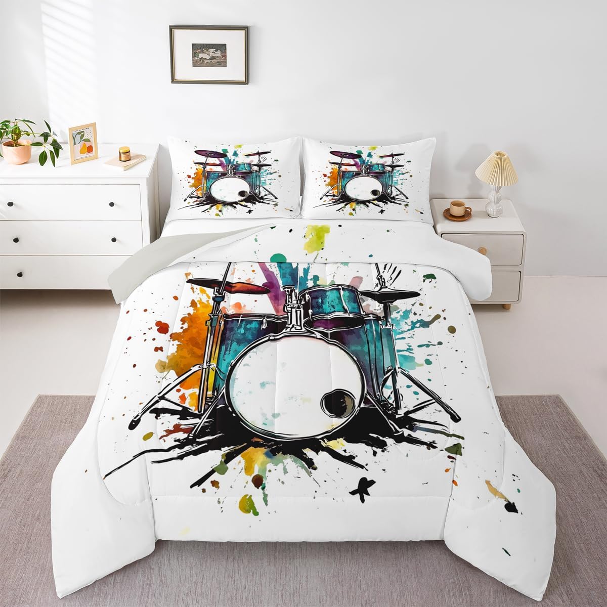 Erosebridal Drum Kit 3D Print Kids Comforter Sets Rock Music Themed Full Bedding Set for Boys Girls Musical Pattern Comforter Set,Colorful Retro Style Quilt Duvet 3 Pcs