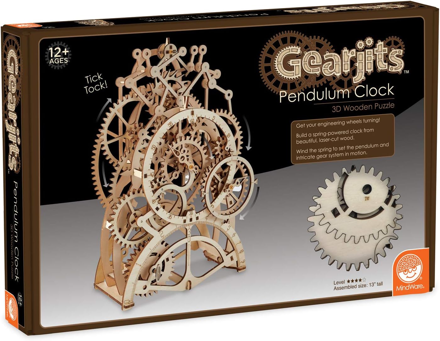 MindWare Gearjits Clock – 3D Wooden Mechanical Model Kit for Teens and Adults, Build Your Own Working Clock witj Moving Gears
