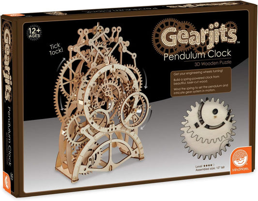 MindWare Gearjits Clock – 3D Wooden Mechanical Model Kit for Teens and Adults, Build Your Own Working Clock witj Moving Gears