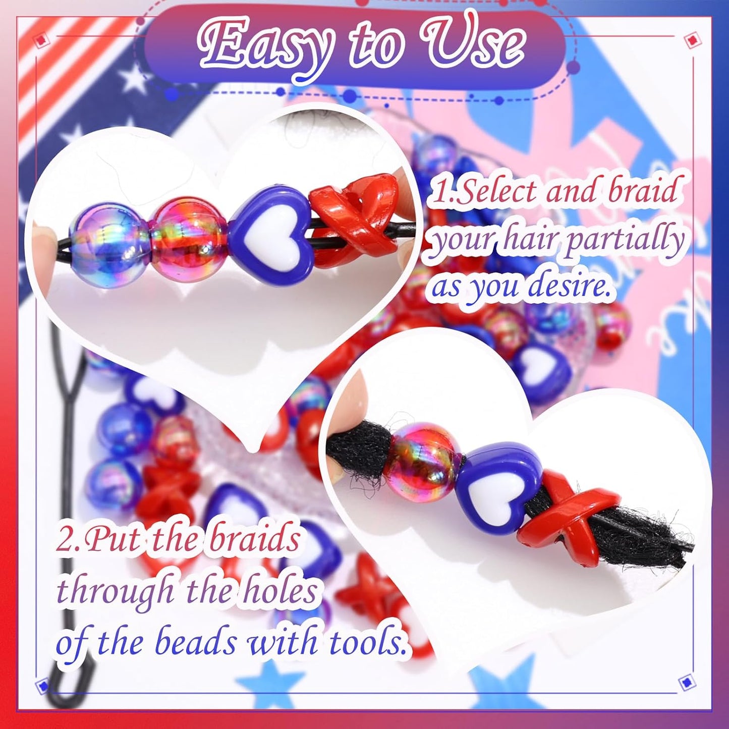 60PCS Pink White Hair Beads for Braids Three Styles Cute Loc Beads Heart Shape Bead for Kids Dreadlock AB Color Round Pony Bead Accessories