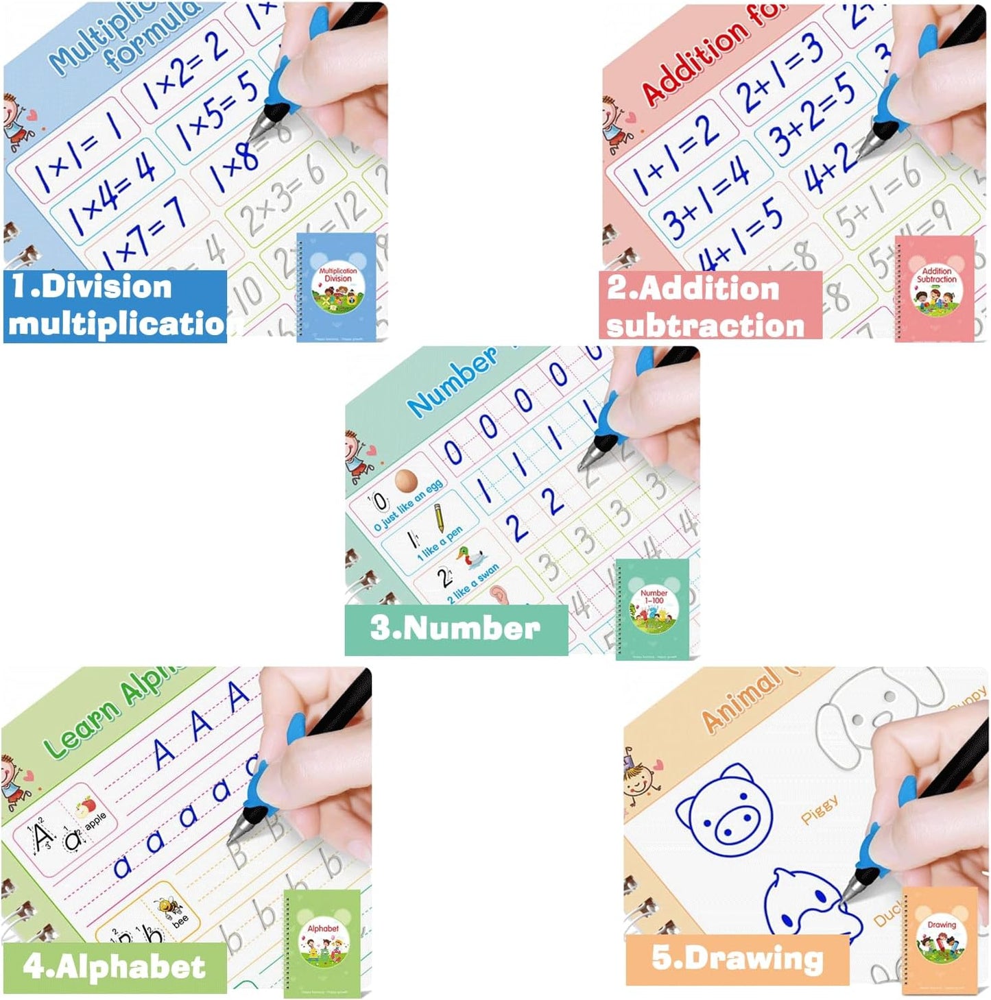Magic Grooved Writing Practice for Kids Age 3-5 - Grooved Writing Books for Kids 3-5 - Reusable Handwriting Workbooks - Preschool Tracing Books, Disappearing Ink Pens & Grips - Great Gifts for Kids