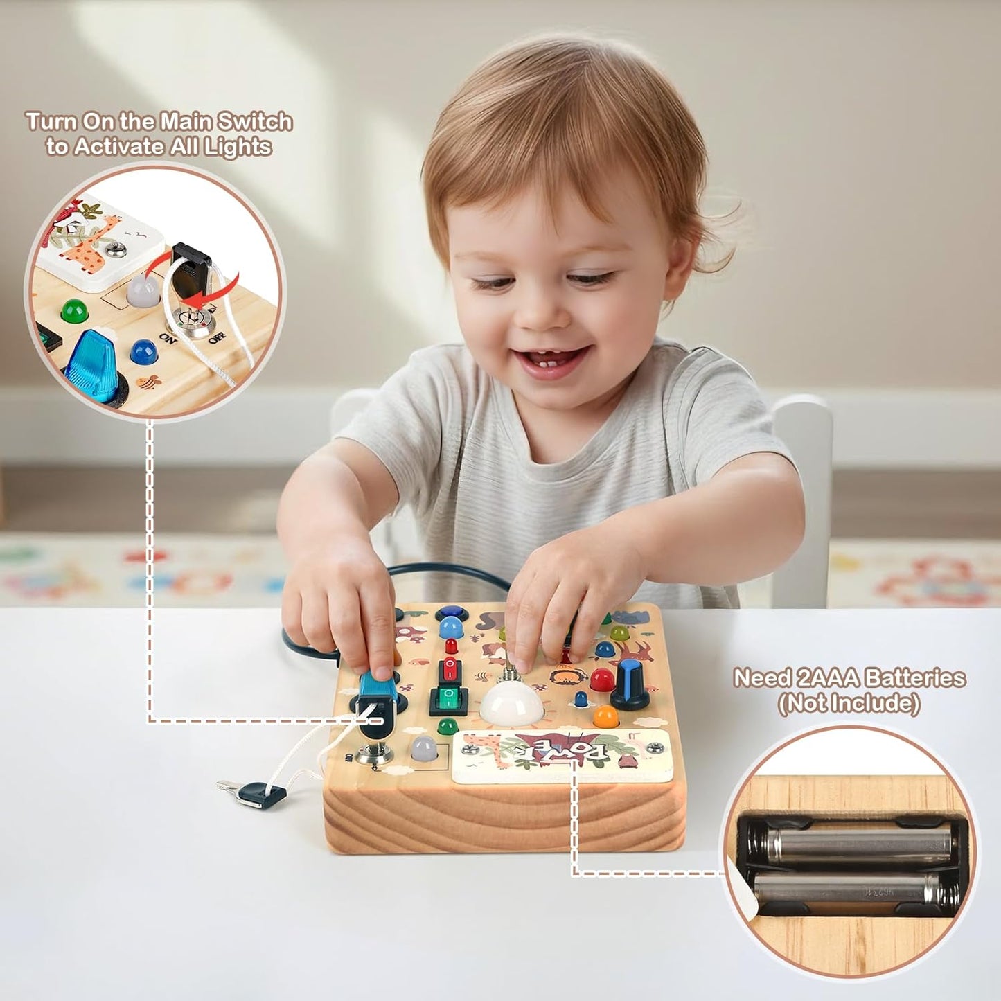 Sanlebi LED Busy Board for Toddlers 1-3,Montessori Toy with Key Switch, Light Up Wood Activity Sensory Board for Fine Motor Skills, Educational Travel Toy Gift for 1 2 3 Year Old Boys Girl