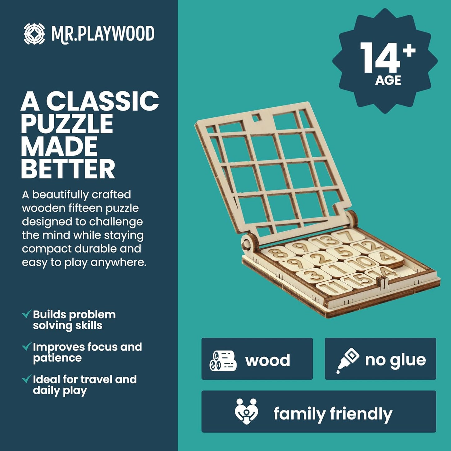 -Wooden Tic Tac Toe Game - 3D Mechanical Wood Model Board Games - Portable Pocket Size Travel Game for Kids & Adults - Coffee Table Games & Home Decor - 15 Piece DIY Logic Puzzle