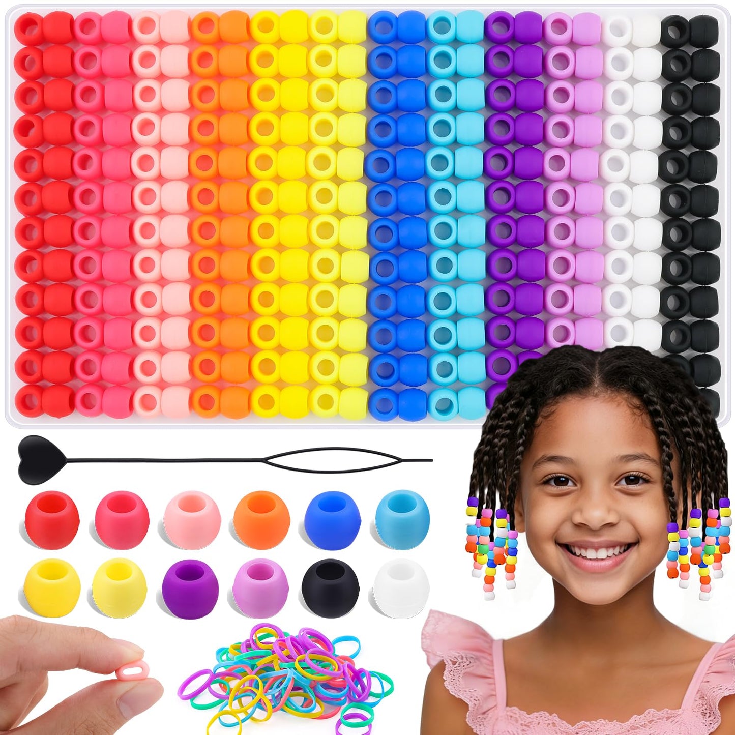 150Pcs 10mm Small Silicone Beads for Hair Braids, Soft Jellyish Pony Hair Beads with 5mm Hole + 50 Rubber Bands and 1 Beader for Braiding, DIY Bracelets Necklaces Crafts (Pink)