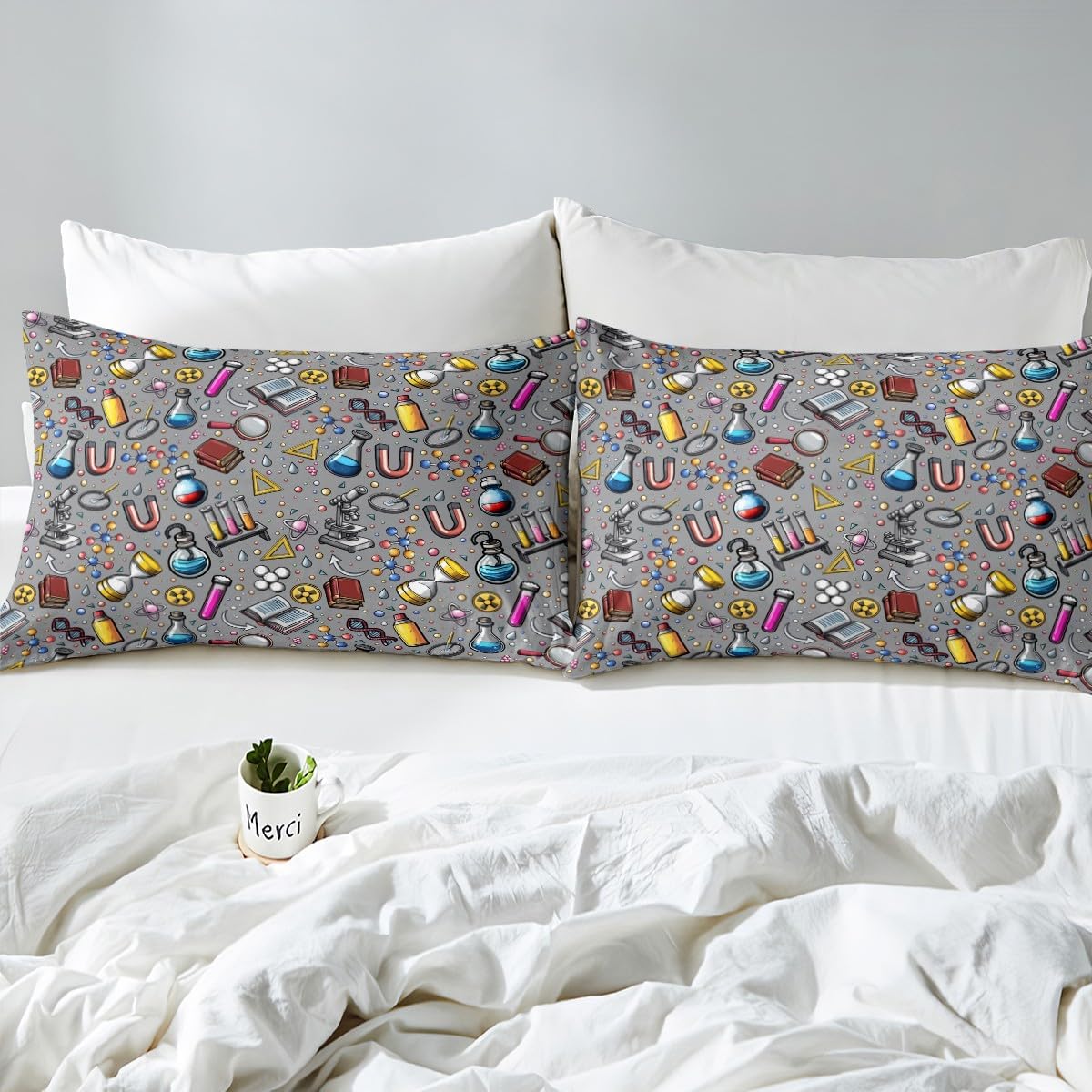 Laboratory Bedding Set Chemistry Lab Duvet Cover For Kids Teen Boys Girls Test Tube Microscope School Graffiti Comforter Cover Chemical Elements Science Theme Bedclothes 2Pcs Twin Size Gray