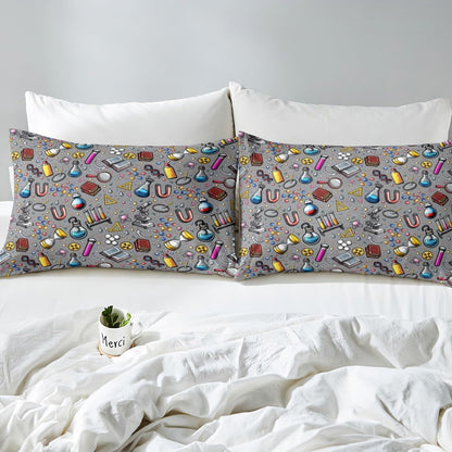 Laboratory Bedding Set Chemistry Lab Duvet Cover For Kids Teen Boys Girls Test Tube Microscope School Graffiti Comforter Cover Chemical Elements Science Theme Bedclothes 2Pcs Twin Size Gray