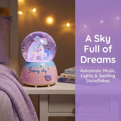 Unicorn Music Snowball, 80MM Snow Globes for Girls Music Box, with LED Rainbow Snow Lights, Birthday, Christmas, Ideal Gift for Girls (Pink&Blue)